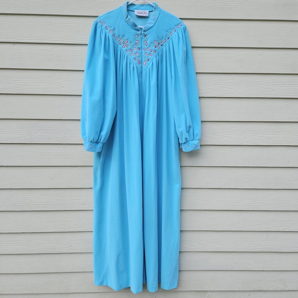 Vintage Vanity Fair Fleece Long Robe Women XL Housecoat Embroidered Half Zip USA